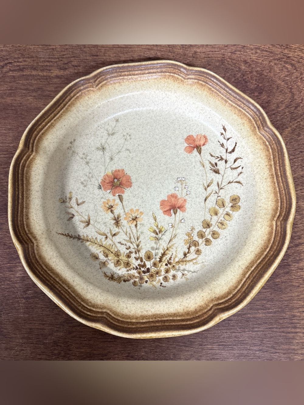 Vintage Mikasa Stoneware Dinner Plate with Brown and Orange Floral Design